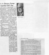 1 newspaper clipping and a House Resolution: A. A. Ohnimus, Former Assembly Clerk, Dies