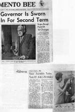2 newspaper clippings from the Sacramento Bee: Governor is sworn in for Second Term & State Assembly Takes Note of Aide’s Birthday