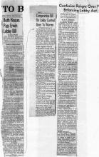 First newspaper clipping reads:  Both Houses Pass Erwin Lobby Bill  By Richard Rodda  Predicts Adjournment