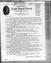 This page displays a re-elect letter to voters from Joseph Edmund Marron, Assemblyman