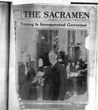Newspaper clipping from Sacramento Bee shows a picture of C. C. Young being inaugurated governor of California at the Capitol