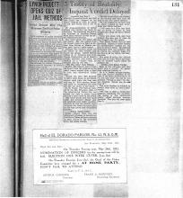 This page displays a newspaper clipping and an invitation to Hall of El Dorado Parlor