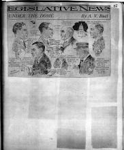 This page displays a newspaper clipping of a comic page, which has cartoon drawings of legislators made by A. V. Buel. It is suppose to depict a humorous message to readers.