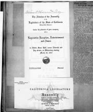 3 documents: Arthur A. Ohnimus and Lady, The Attaches of the Assembly of the Legislature of the State of California. Office: District Attorney’s Office, San Francisco Stage Set for Battle by Solons. Third document: Stage Set for Battle by Solons
