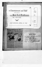 This page displays several items a flier, a newspaper clipping and a press card.