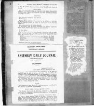 This page displays 5 items: 2 Assembly Daily Journal, 2 newspaper clipping and a very damage document.