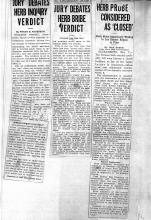 This page displays 3 newspaper clipping. Words that are unreadable will be replaced by two asterisks: **. First newspaper clipping reads: Jury Debates Herb Inquiry Verdict