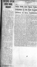 This page displays 2 newspaper clipping. Words that are unreadable will be replaced with two asterisks. The first newspaper clipping is a continuation of another newspaper clipping which is not shown. It reads: Solons Open Herb Bribe Inquiry