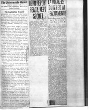 This page displays 3 newspaper clippings. First newspaper clipping reads: The Legislative Scandal