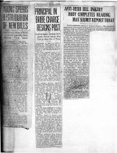 This page displays 3 newspaper clipping. First newspaper clipping reads: Young Speeds Distribution of New Bills. Governor Urges Haste in Printing so that Voters may Study Measures during Recess