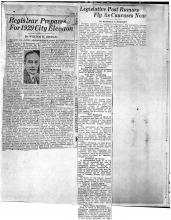 This page displays 2 newspaper clipping. First newspaper clipping reads: Registrar Prepares for 1929 City Election