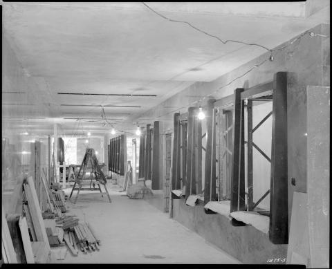 Capitol Annex first floor interior, showing county exhibit niches under construction, September 1950 (black and white photo).