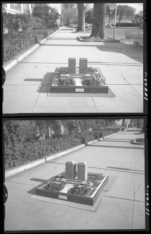 Black and white photo showing scale model of legislative twin towers Capitol building, circa early 1960s. The proposal to replace the old Capitol with twin towers was initiated by Senator Randolph Collier.