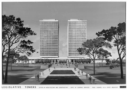 Black and white architectural drawing of the Legislative Towers proposal in the early 1960s.  Office of Architecture and Construction is noted on the border. Image shows a tower for each house.