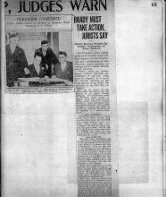 Newspaper clipping:  Brady must Take Action Jurists Say District Attorney Promises Immediate Investigation of Police Violators