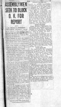 This page displays 2 newspaper clipping. Words that are unreadable will be replaced by two asterisks: **. First newspaper clipping reads: Assemblymen Seek to Block O. K. for Report